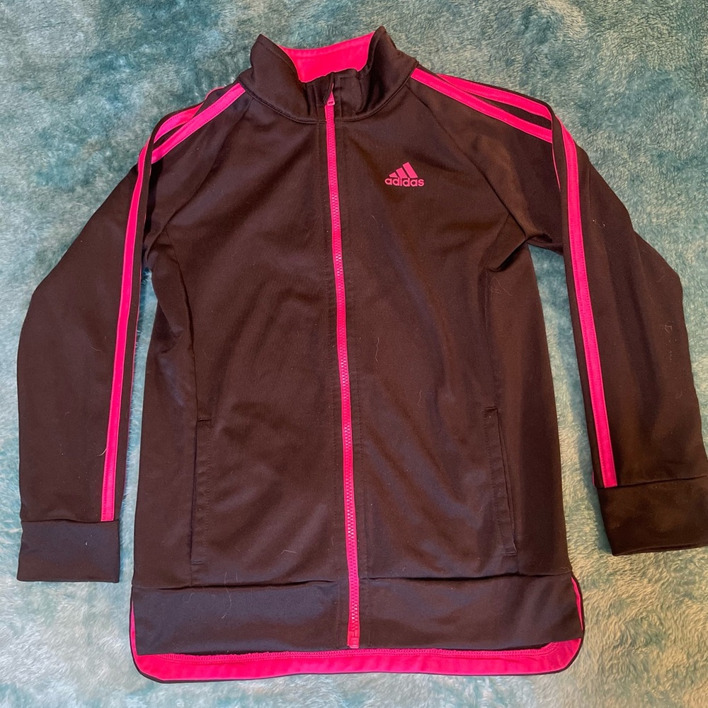 Adidas Girls Black & Pink Zip-Up Sports Jacket